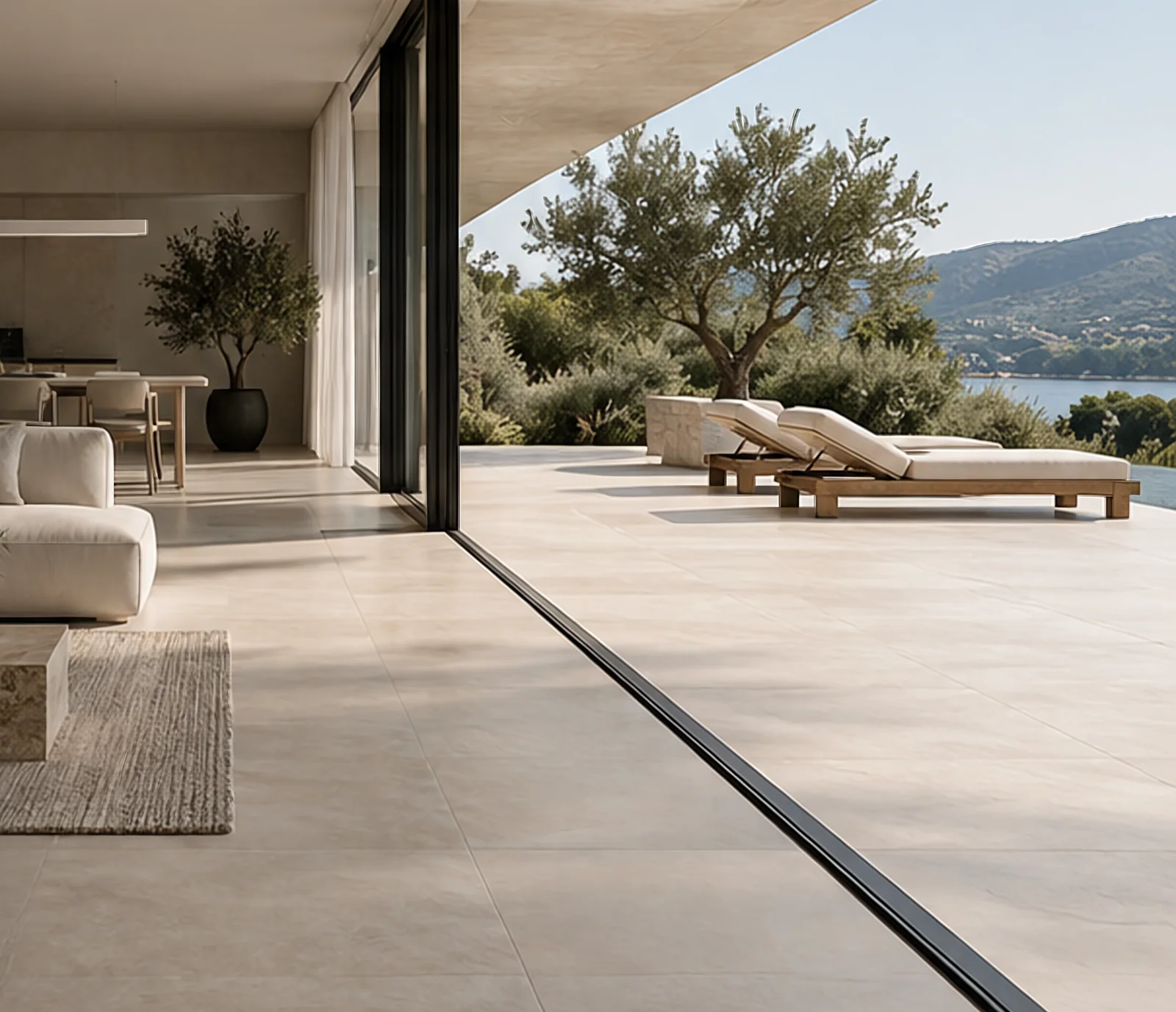 Open-plan living room flowing through glazed doors onto a terrace in the same pale porcelain