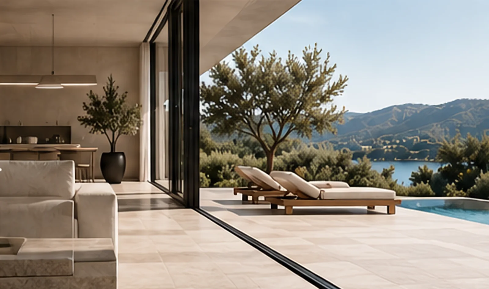 Kitchen opening onto a terrace with views to the hills