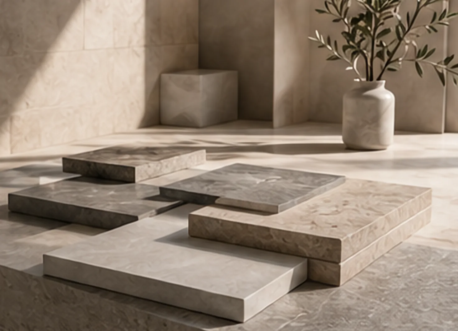 Stacked porcelain sample tiles in warm daylight